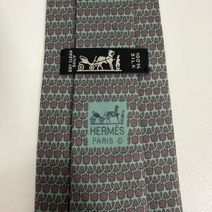 Hermes Mens Tie Equestrian Links Green/Brown Silk 7157 FA 3.5" (W) x 56" (L) euc